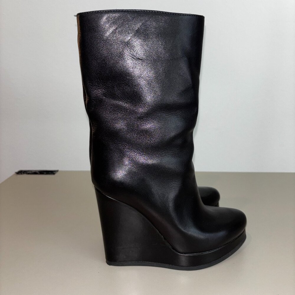 Jil Sander Black Leather Wedge Boots Size 37 Made in Italy